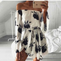 Women Summer 2019 Beach Floral Boho Dress Loose Printing Sexy Off the Shoulder Flare Sleeve Empire Flash Neck Mini Dress